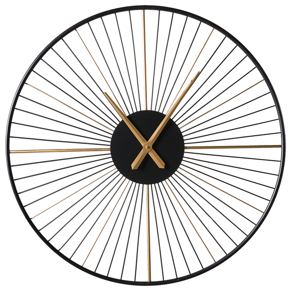 Dekorative Wanduhr mit skelettiertem Zifferblatt und goldenen Zeigern