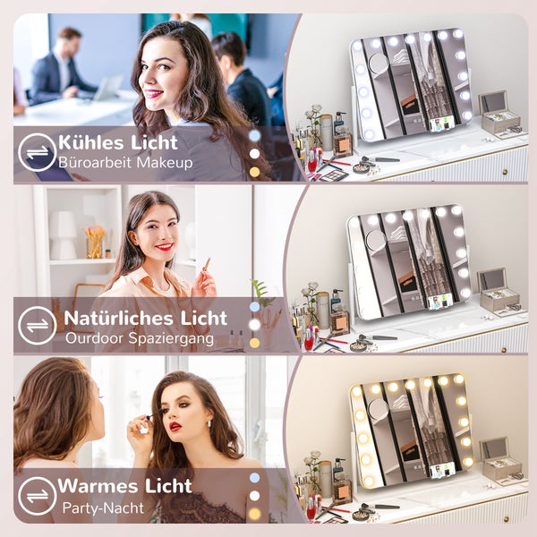 HOMCOM Hollywood Spiegel mit Beleuchtung 62,5x52 cm 360°Drehbar Schminkspiegel mit 15 LED Licht 3 Lichtfarben USB-Ladeanschluss Handyhalterung Touchschalter, Kosmetikspiegel 10X Vergrößerung Weiß