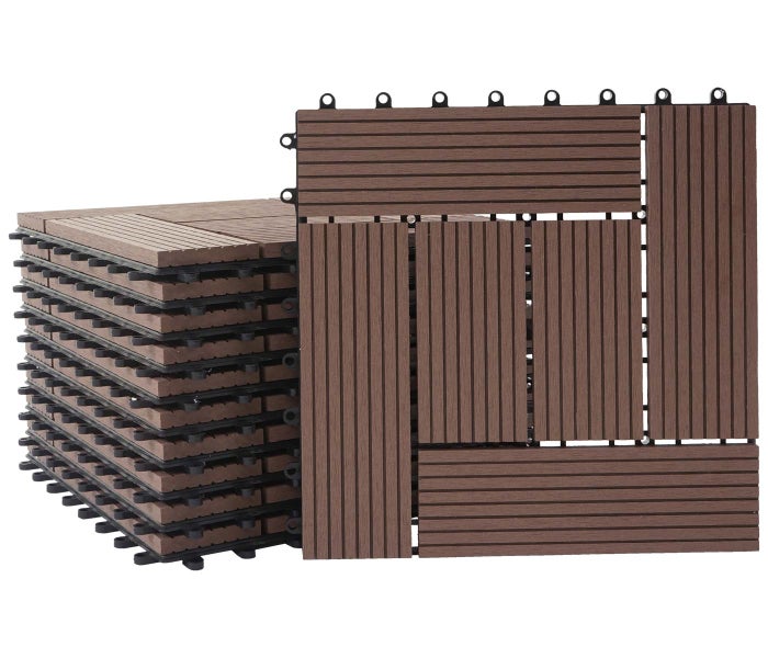 WPC Klickfliese für Terrasse und Balkon mit geriffelter Oberfläche in Holzoptik.
