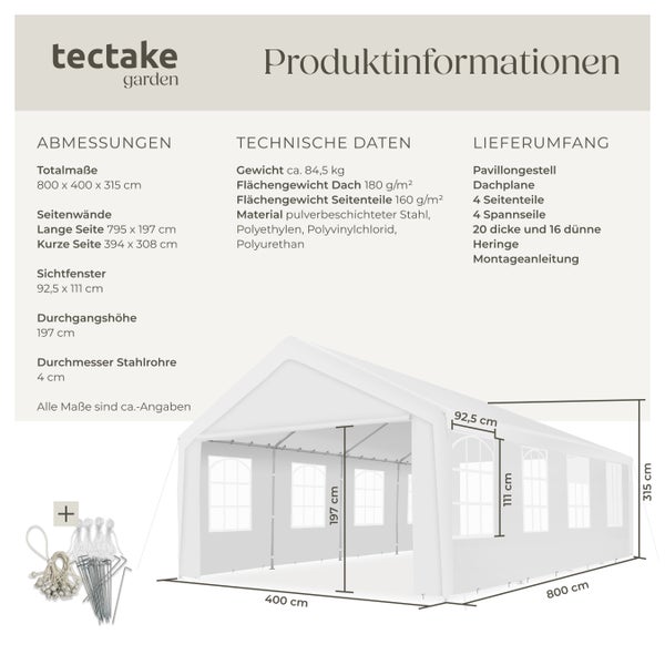 Partyzelt tectake Mammut inklusive Spannseilen und Heringen 8 x 4 m weiß