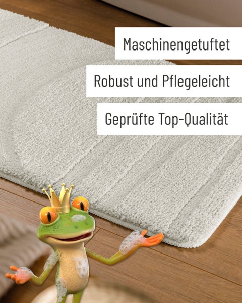 Maschinell getuftete Badematte auf Holzboden, robust und pflegeleicht in geprüfter Top-Qualität.