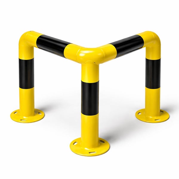 Eck-Rammschutzbügel aus Stahl mit Bodenplatten zur Bodenmontage, gelb-schwarz gestreift