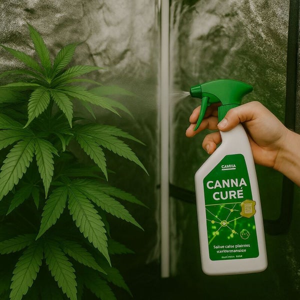 Hand besprüht eine Hanfpflanze mit dem Pflanzenschutzmittel Canna Cure in einer Growbox.