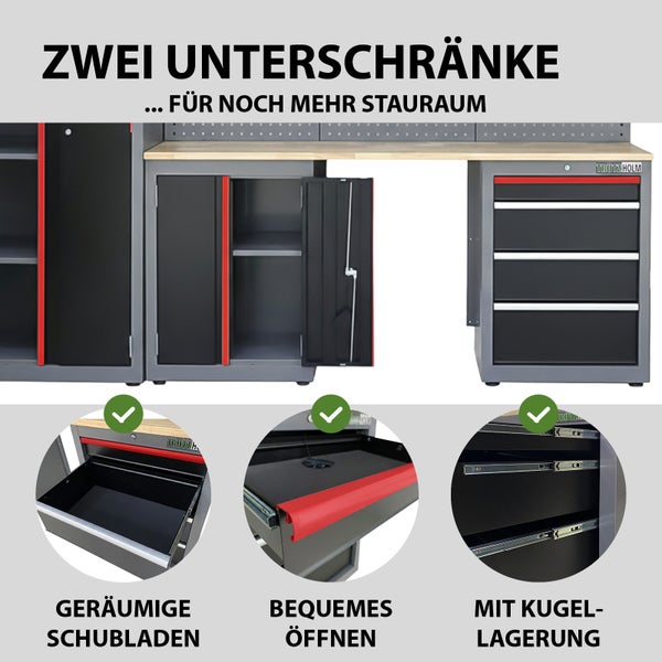 Werkbank mit zwei Unterschränken und Schubladen für mehr Stauraum