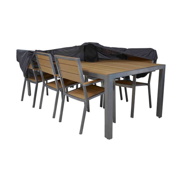 Gartenmöbelset aus Holz und Metall bestehend aus Tisch und Stühlen mit einer passenden Schutzhülle.