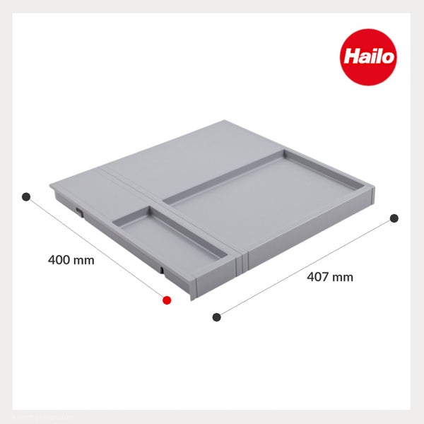 Grauer Hailo Systemdeckel aus Kunststoff für Mülltrennsysteme mit den Maßen 400 Millimeter mal 407 Millimeter. Hailo Logo.