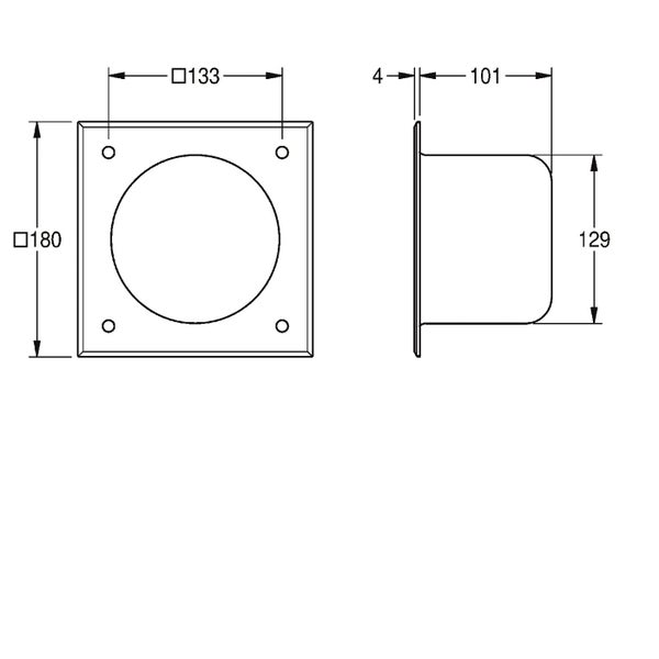 Technische Zeichnung eines quadratischen Wandflansches mit rundem Stutzen und Maßangaben in Millimetern.