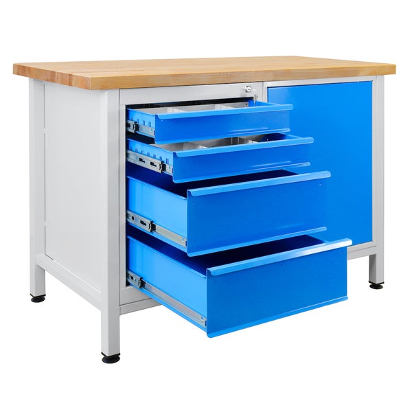 PROREGAL Werkbank Rhino mit 4 Schubladen 1 Tür HxBxT 84 x 120 x 60 cm Traglast 300 kg Lichtgrau Blau