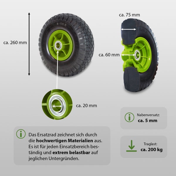 Ersatzrad mit den Maßen circa 260 mm Durchmesser, circa 75 mm Reifenbreite, circa 20 mm Nabenbohrung und einer Traglast von circa 200 Kilogramm