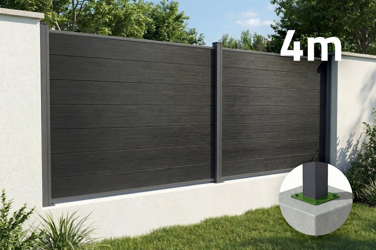 WPC Sichtschutzzaun mit Holzmaserung 4 Meter lang und Detailansicht der Pfostenmontage auf einem Betonsockel.