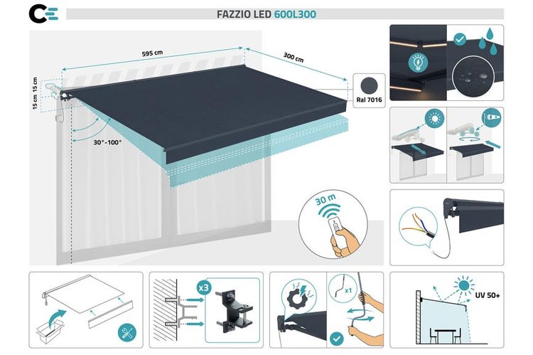 Gelenkarmmarkise Fazzio LED 595 mal 300 Zentimeter in Anthrazit RAL 7016 mit Fernbedienung, LED-Beleuchtung, UV-Schutz 50 plus und Wandhalterung.