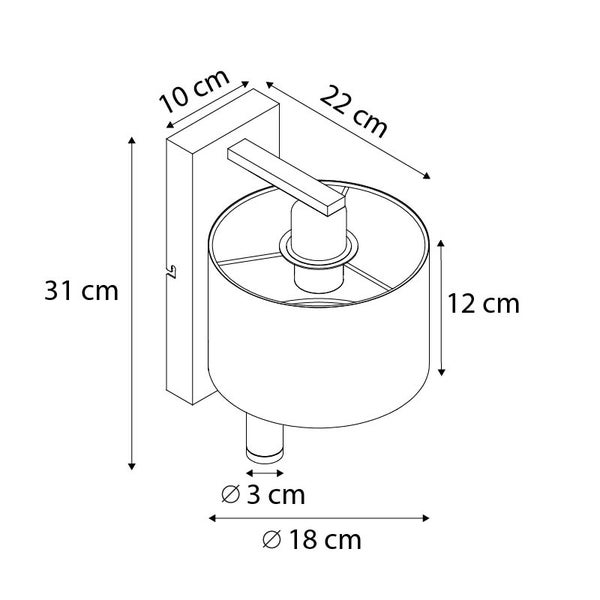 Skizze einer Wandleuchte mit den Maßen 31 cm Höhe, 22 cm Breite und 18 cm Durchmesser