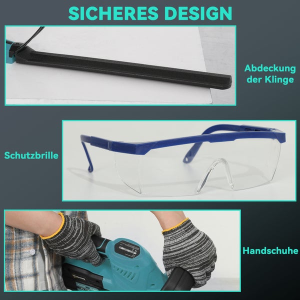 Klingenabdeckung, Schutzbrille und Handschuhe für sicheres Arbeiten