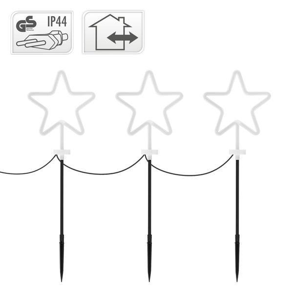 Dekorative Gartenleuchten mit Sternmotiven und Erdspießen, Schutzart IP44 und GS Zeichen für geprüfte Sicherheit, geeignet für den Innen- und Außenbereich.