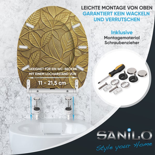 WC-Sitz mit Blattmuster, Montage von oben, Montagematerial und Schraubenzieher. Lochabstand 11 bis 21,5 Zentimeter. Sanilo Logo.