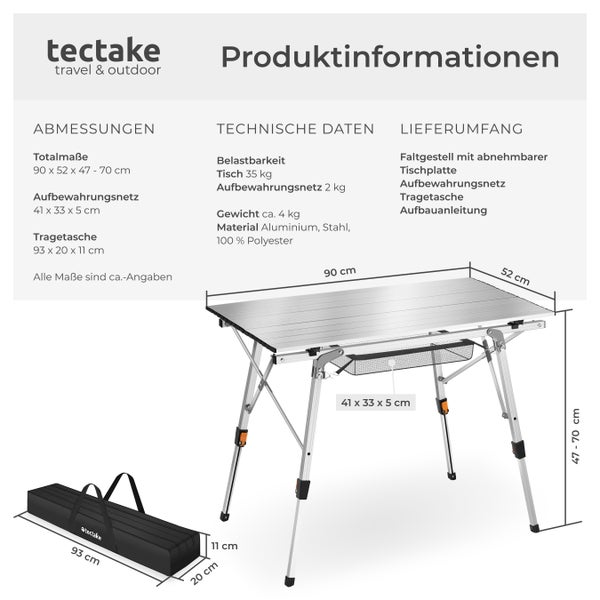 Campingtisch tectake Tina 90 x 52 x 47 - 70 cm faltbar silber