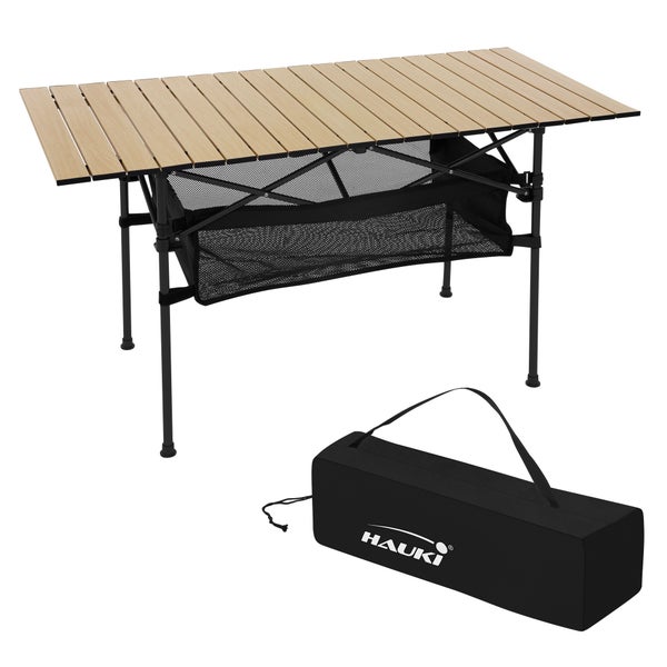 Hauki Campingtisch faltbar Beige, 118 x 55 x 64,5 cm, Aluminium Klapptisch, Aufrollbare Tischplatte, Falttisch klappbar, Gartentisch Balkontisch Reisetisch Rolltisch Markttisch inkl. Tragetasche