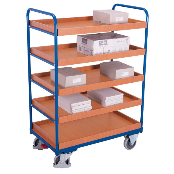 Rollwagen mit fünf Ablageflächen und diversen Gegenständen.