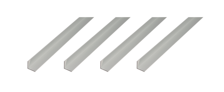 Vier Aluminium Winkelprofile in L Form für verschiedene Montagezwecke.