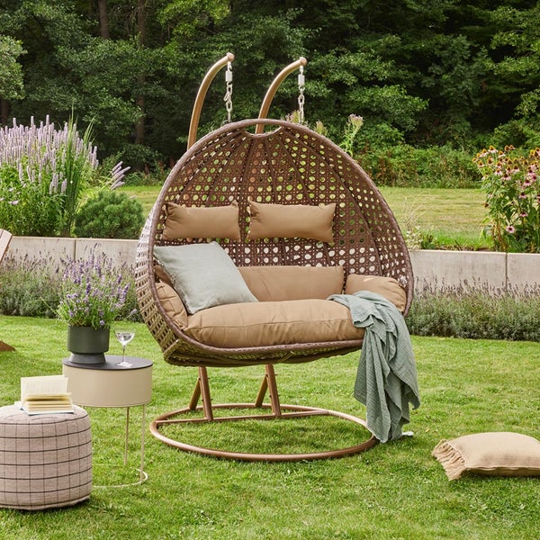 Home Deluxe - Hängesessel TWIN - Braun, Höhe 200 cm - inkl. Gestell, Sitz- und Rückenkissen I Polyrattan Hängestuhl Gartenschaukel Hängekorb