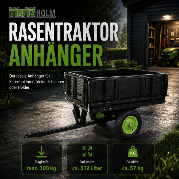 Trutzholm Rasentraktor Anhänger mit Gitteraufbau, 300 Kilogramm Tragkraft, 512 Liter Volumen, für Rasentraktoren und kleine Schlepper.