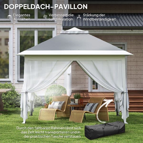 Faltbarer Doppeldach-Pavillon mit Vorhängen und Gartenmöbeln im hellen Außenbereich. Inklusive Tragetasche, verbesserte Belüftung und Windstabilität.