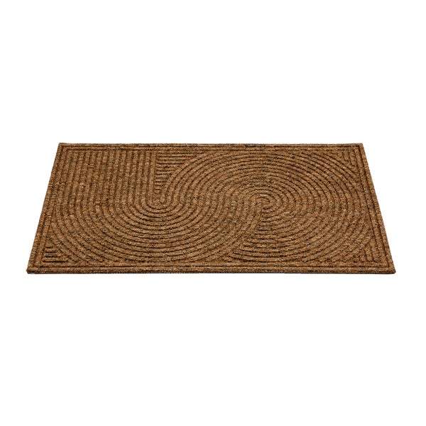 Rechteckige braune Fußmatte in Kokos-Optik mit einem strukturierten, geschwungenen Wellenmuster.
