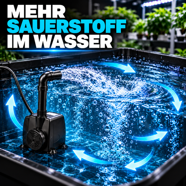 Eine Teichpumpe mit Sprudelrohr erzeugt Wasserbewegung und Sauerstoffzufuhr in einem Wasserbecken.