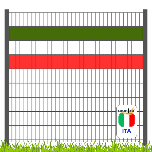 Zaun mit Dekorband in den Farben der italienischen Flagge und Zaunzu Logo