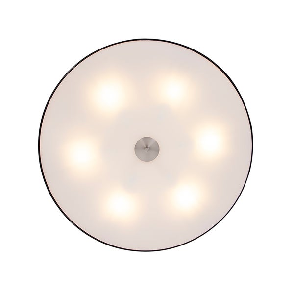 Runde Deckenleuchte mit Stoffschirm und fünf Leuchtmitteln.