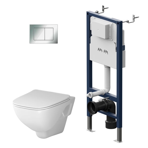 AM.PM Wand-WC Set Tiefspüler offener Spülrand weiß glänzend mit WC-Sitz , Vorwandelement und Betätigungsplatte chrom IIS90251.XA1700