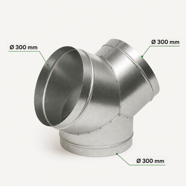 Y-Stück Hosenstück aus verzinktem Stahl für Lüftungsrohre mit drei Anschlüssen mit einem Durchmesser von 300 Millimeter.