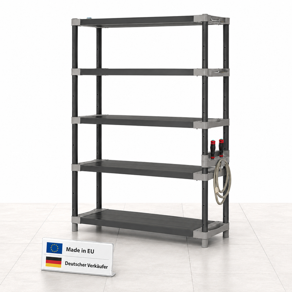 Kunststoffregal mit 5 Böden, Werkzeughalter und Kabelhaken, hergestellt in der Europäischen Union, deutscher Verkäufer.