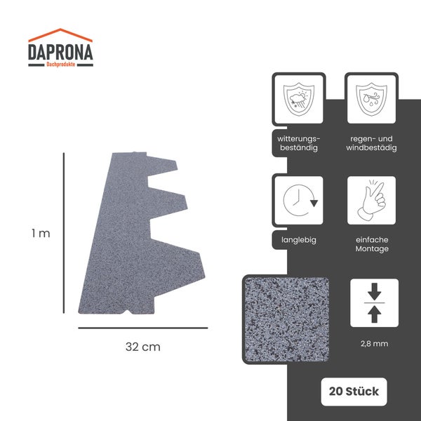 Daprona Dachprodukte Logo. Bitumenschindel, 1 Meter mal 32 Zentimeter, 2,8 Millimeter Dicke, 20 Stück. Wetterfest. Nahaufnahme granulare Oberfläche.