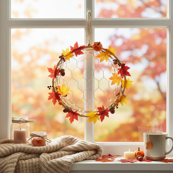 Herbstlicher Kranz mit künstlichen Blättern und Minikürbissen zur Fensterdekoration vor herbstlichem Hintergrund mit Kerzen und gestrickter Decke.