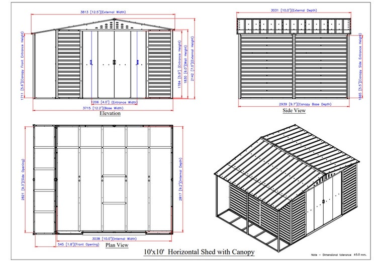 Technische Zeichnung eines Gerätehauses mit Vordach mit Maßen in der Vorderansicht, Seitenansicht, Draufsicht und isometrischen Darstellung.