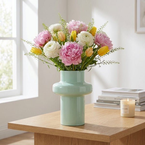 Ein Blumenstrauß mit Pfingstrosen und Tulpen in einer modernen Vase auf einem Holztisch neben einer Kerze.