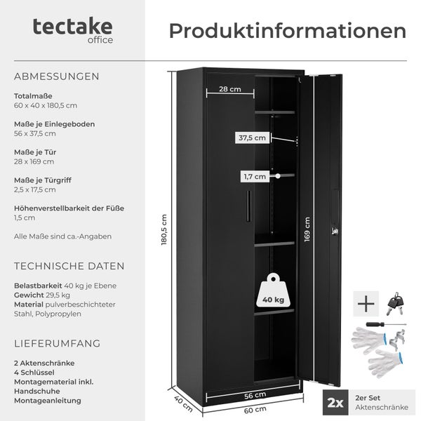 tectake office Aktenschrank Set mit 2 Stück aus pulverbeschichtetem Stahl, Maße 60 mal 40 mal 180,5 Zentimeter, mit technischen Daten.