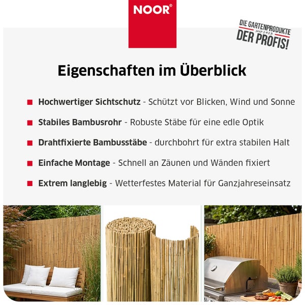 Noor Bambus Sichtschutzmatte für Garten mit Produkteigenschaften und Anwendungsbeispielen.