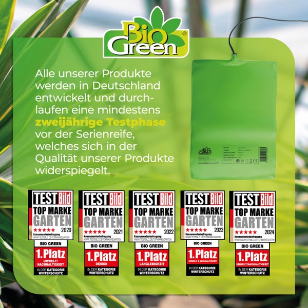 Bio Green Logo, Test Bild Auszeichnungen Top Marke Garten 2020 bis 2024 für Winterschutz sowie Informationen zur Produktentwicklung in Deutschland.