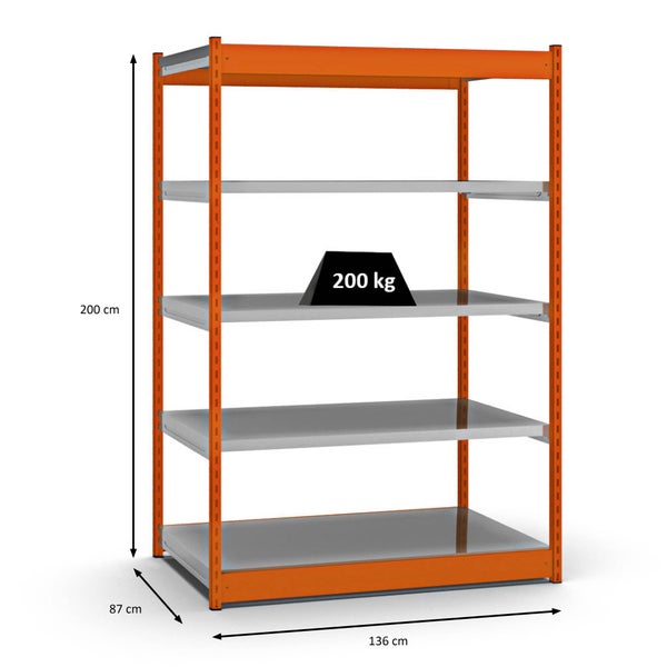 PROREGAL Fachbodenregal Stecksystem Vierkant-Profil Grundregal HxBxT 200 x 132,5 x 80 cm 5 Ebenen Einseitige Bauart Fachlast 200 kg Orange