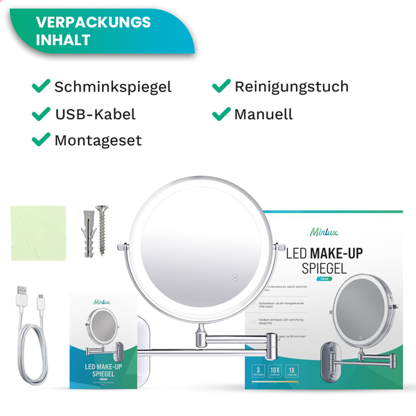 Mirlux Kosmetikspiegel mit LED Beleuchtung 5x Vergrößerung Rund 3 Lichtstufen Chrom Batterie