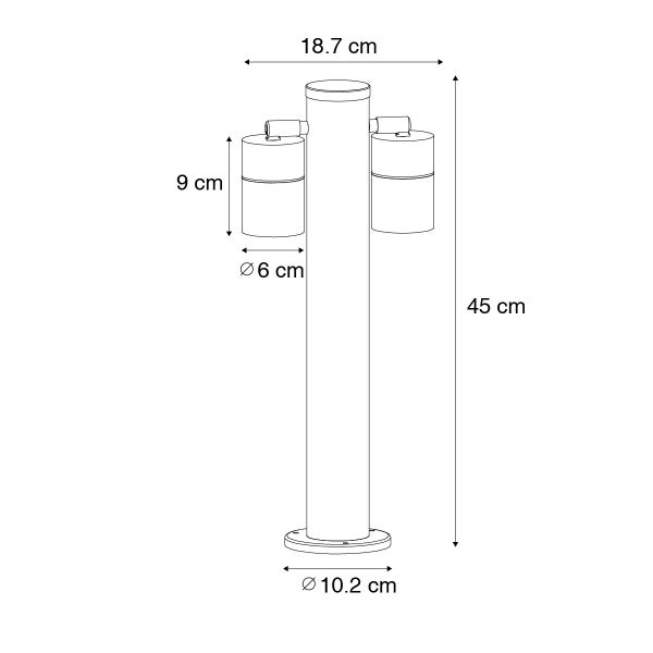 Technische Zeichnung einer Außenleuchte mit zwei Spots, Gesamthöhe 45 Zentimeter, Gesamtbreite 18,7 Zentimeter, Durchmesser Standfuß 10,2 Zentimeter.