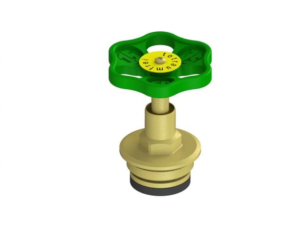Totraumfreies Ventil-Oberteil aus Messing mit grünem Handrad für Absperrventile.