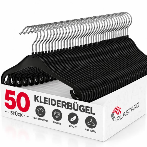 Set mit 50 robusten und platzsparenden Kleiderbügeln von Plastard mit Metallhaken für den vielseitigen Einsatz im Kleiderschrank.