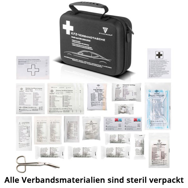 Kfz-Verbandtasche mit Verbandsmaterial und Stahlwerk Logo