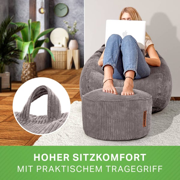Green Bean 2er Set Indoor XXL Sitzsack + Pouf mit EPS-Perlen Füllung - Fußhocker Fußkissen Hocker Bodenkissen Liegekissen Sitzkissen Lounge Chair - Grau