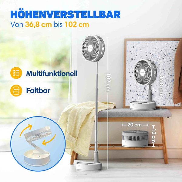 Faltbarer und höhenverstellbarer Standventilator von 36,8 Zentimeter bis 102 Zentimeter für den Innenbereich.