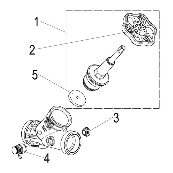 Explosionszeichnung eines Schrägsitzventils mit nummerierten Ersatzteilen wie Handrad, Ventileinsatz und Entleerventil.