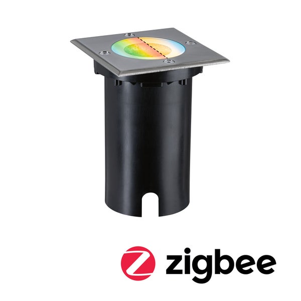 Bodeneinbaustrahler mit quadratischer Abdeckung aus Edelstahl, zylindrischem Gehäuse, Smart-Home-Steuerung über Zigbee, Farbwechselfunktion und Zigbee Logo.